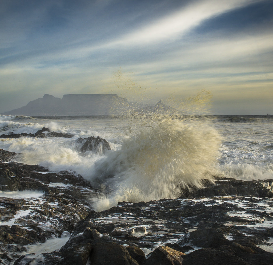 Table Mountain and waves.